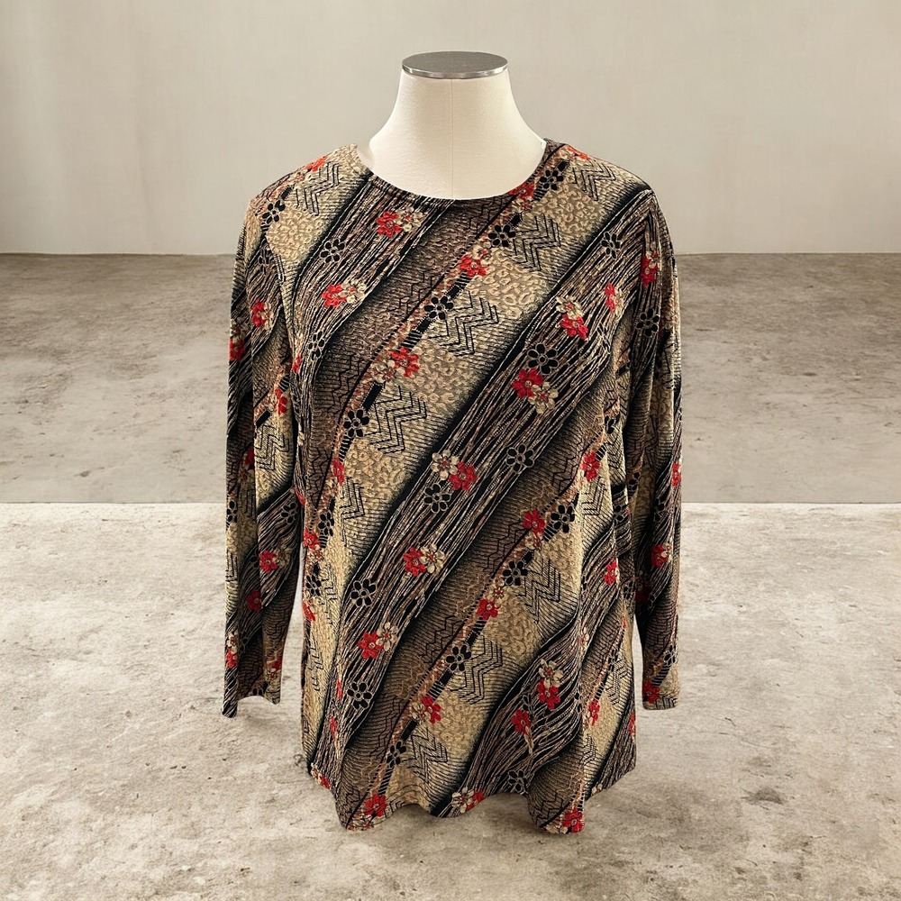 Sharon Anthony 2X Tunic‎ Top Tribal Floral Print Boho Stretch Fall Earthy Soft